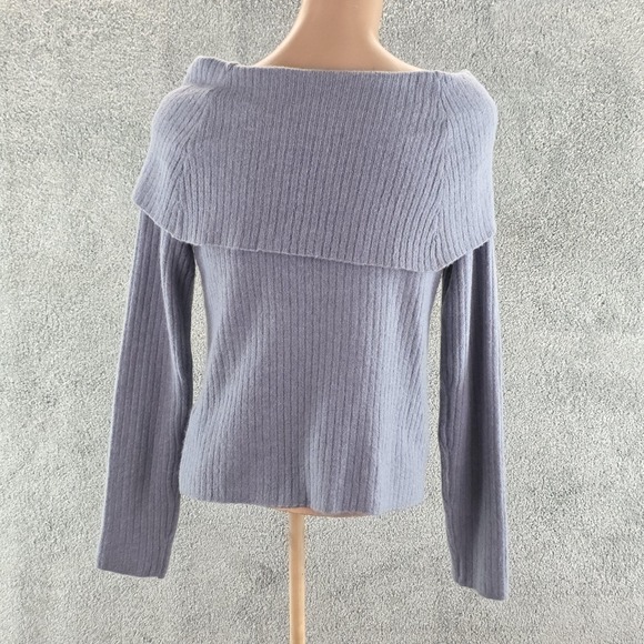 Guess Sweater Womens Large Gray Off Shoulder Foldover Ribbed Knit Long Sleeve - Picture 2 of 10